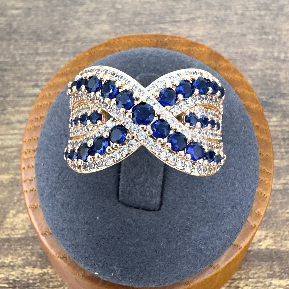 Bomb Party Sapphire Blue CZ Pave Cross Over Statement Ring Rose Gold Tone Size 8